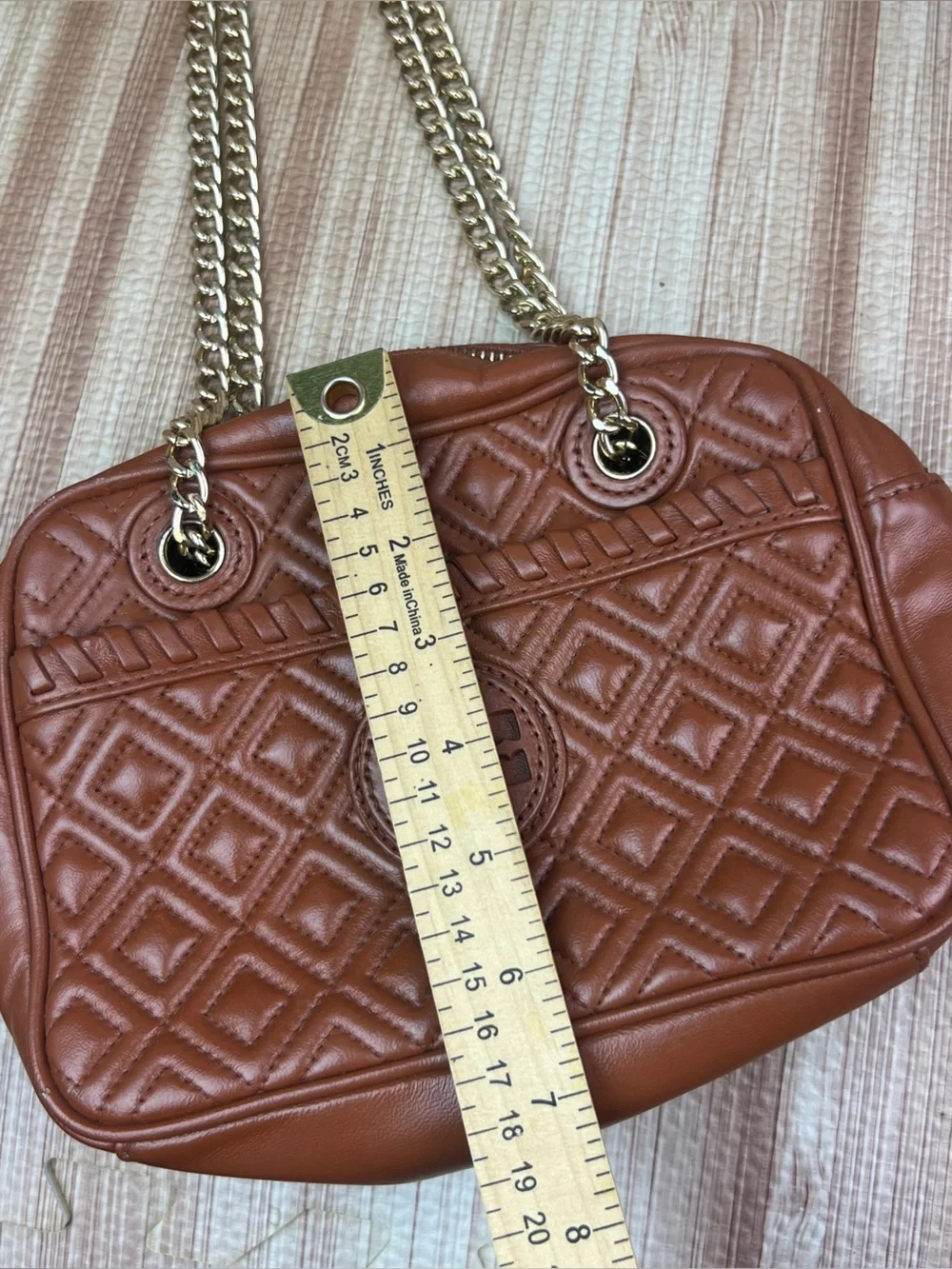 Tory Burch Marion Fleming Camera Bag Brown Purse Quilted Crossbody Gold Chain